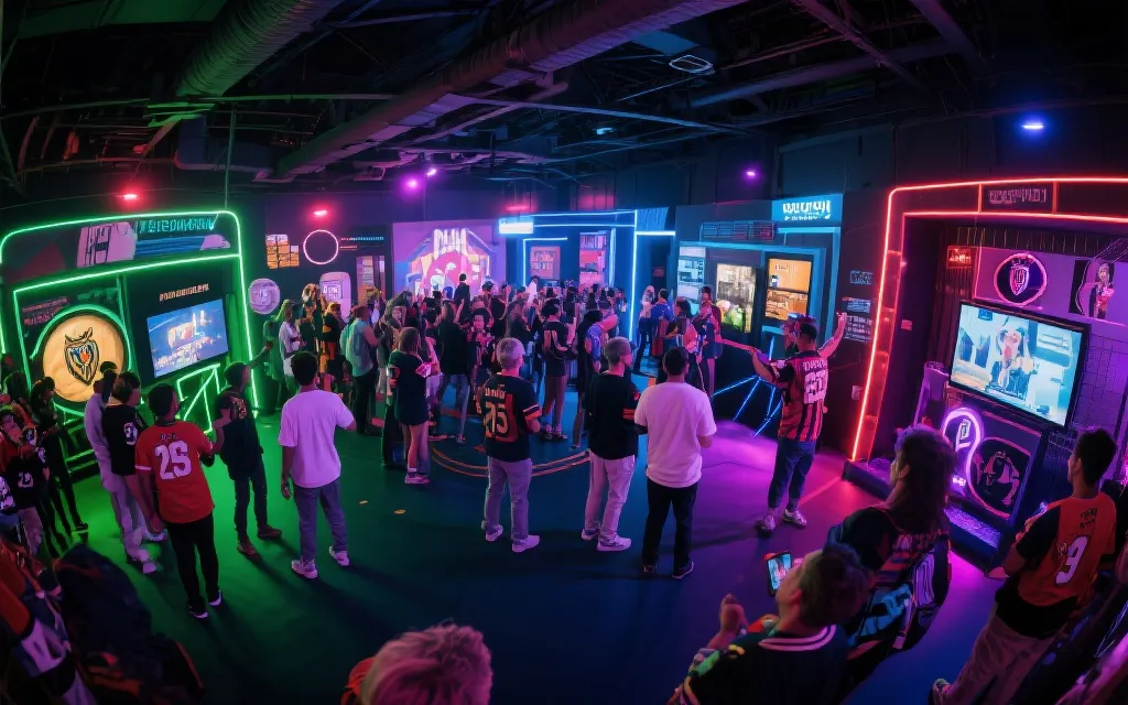 球场内球迷文化区的互动装置与合影点,人群与灯光营造沉浸氛围